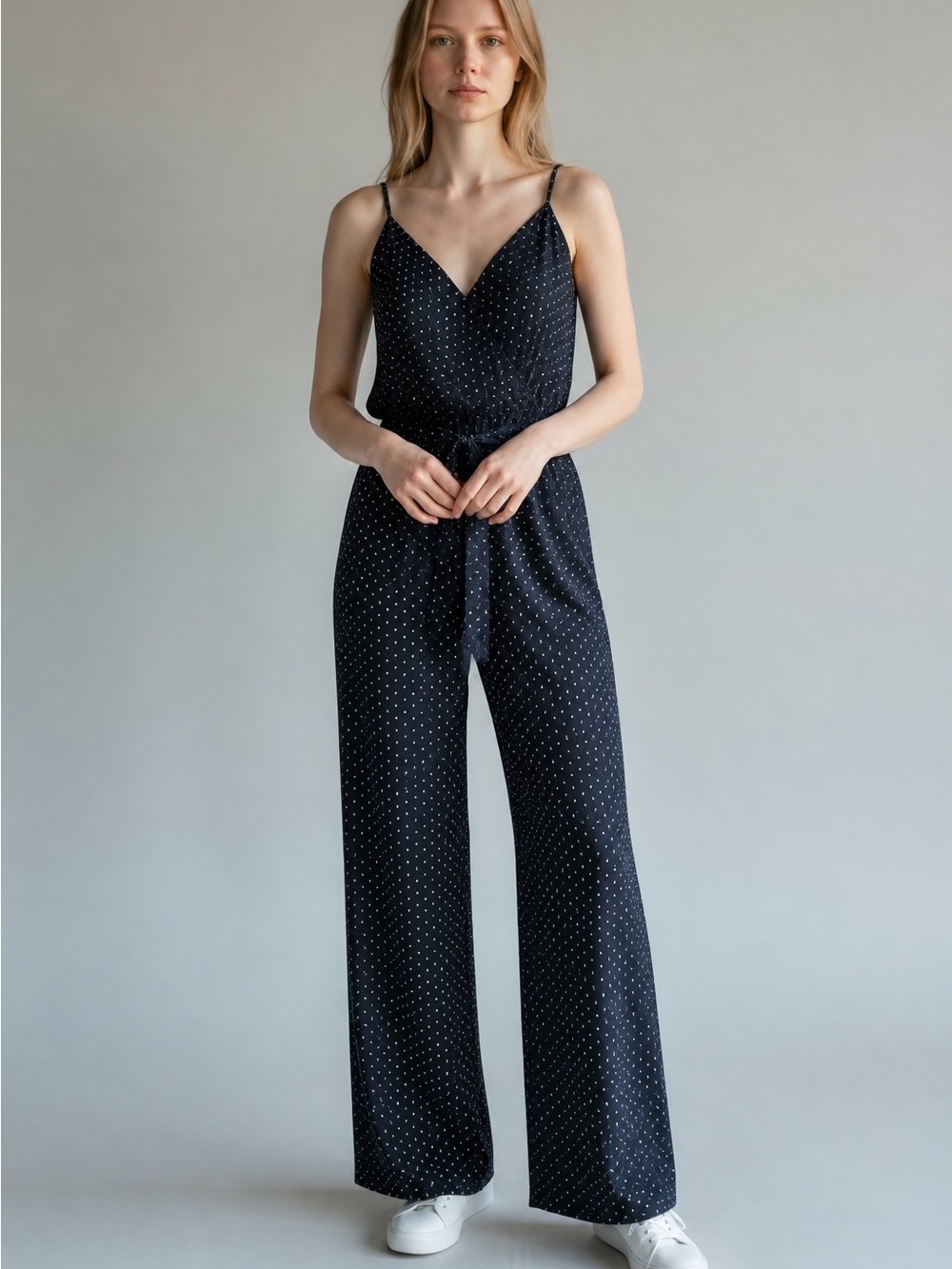 85 Active USA Black Polka Dot Spaghetti-Strap Wide-Leg Jumpsuit